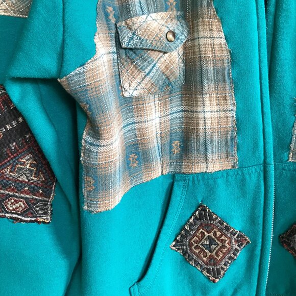 Upcycled Patchwork Jacket, Size L: Teal Tribal Zip-Up Hoodie, Southwest Aztec - Picture 13 of 16